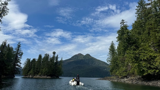 Guests riding in a Zodiac boat through Gem Cove in Alaska Guests riding in a Zodiac boat through Gem Cove in Alaska