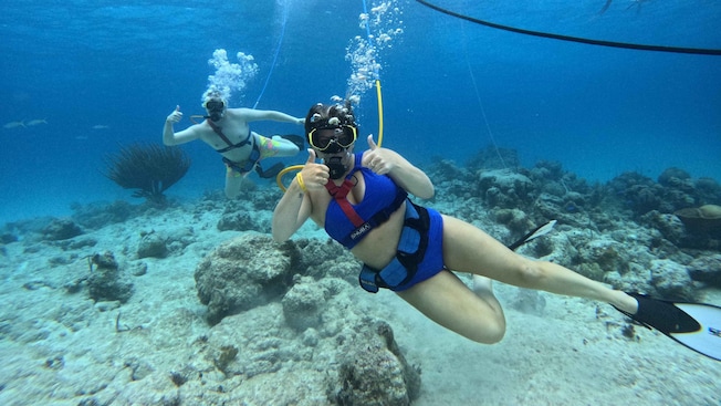 Two snuba divers underwater making an OK hand signal Two snuba divers underwater making an OK hand signal