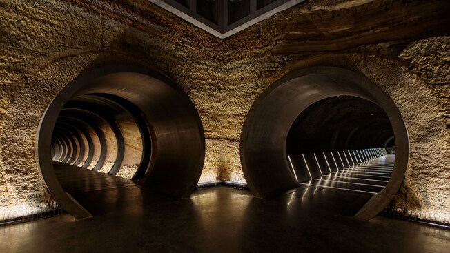 Two underground tunnels in the Siloam exhibit at the Museum of Old and New Art in Hobart, Tasmania