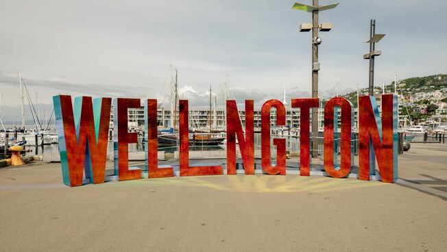 The Wellington sign next to Chaffers Marina in Wellington, New Zealand