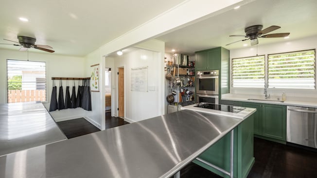A kitchen with a steel countertop at Cooking Kauai in Hawaii A kitchen with a steel countertop at Cooking Kauai in Hawaii
