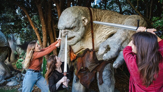 Three Guests brandishing swords at a statue of a troll