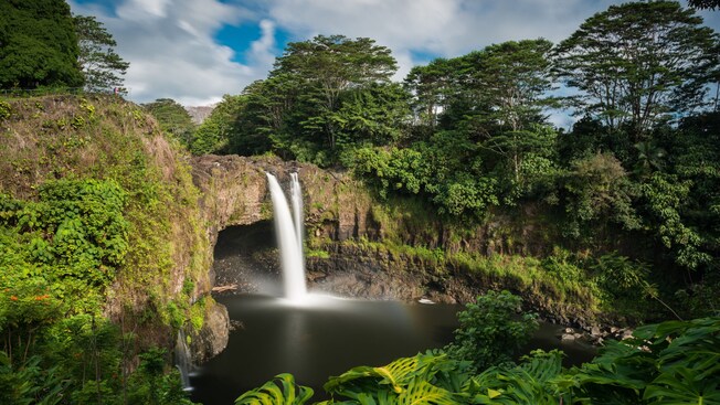 Um ambiente tropical com uma cascata caindo em um lago
