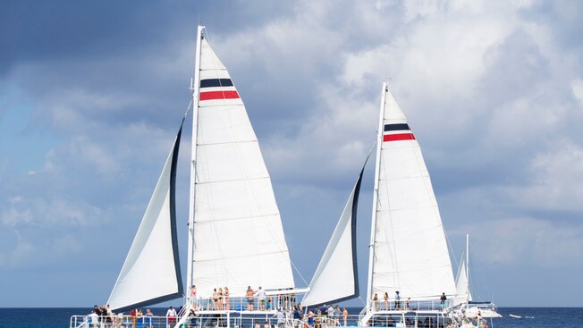 2 catamarans filled with passengers gliding through the water
