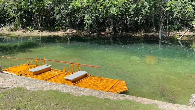 A wooden raft docked alongside a verdant riverbank A wooden raft docked alongside a verdant riverbank
