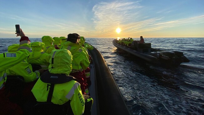 A rigid inflatable boat filled with passengers following another rigid inflatable boat