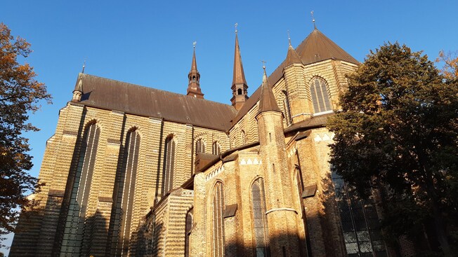 The brick and stone exterior of St. Mary’s Church in Berlin