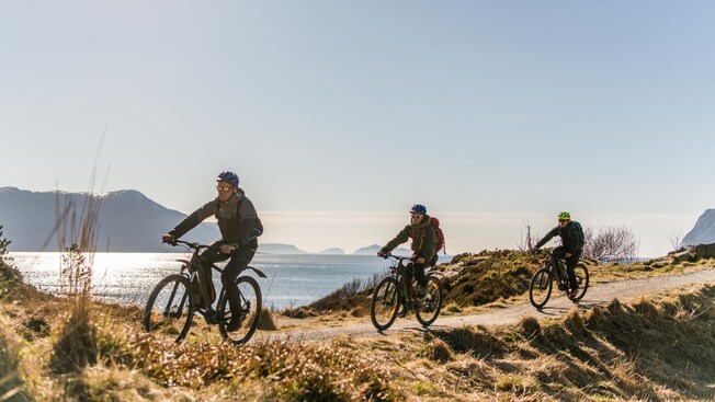 3 E bike riders cruising a rugged oceanfront path