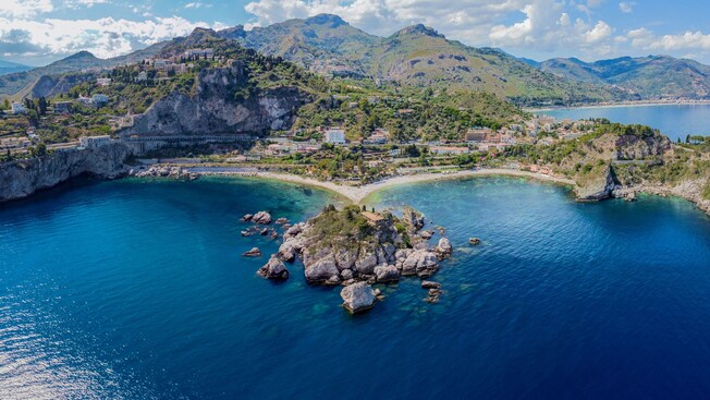 An aerial view of the island of Isola Bella near Sicily, Italy