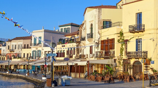 Old Town in Chania, Greece featuring historic buildings along the waterfront