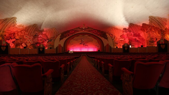 A theater with vaulted ceilings and murals on the walls at the Catalina Island Casino