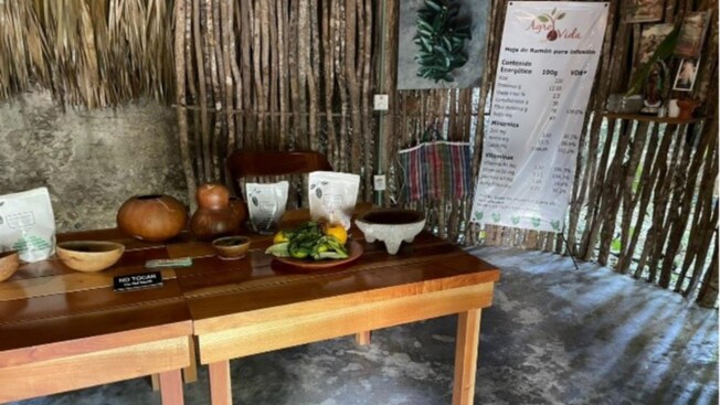 A table with cooking ingredients inside a thatch hut