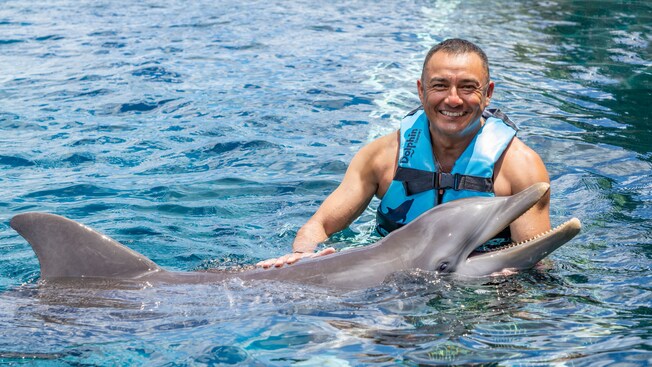 A man smiling while petting a dolphin in the water in Cozumel, Mexico