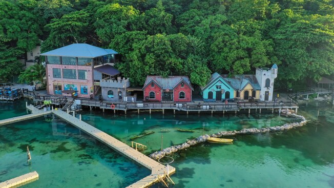 Small buildings in Dolphin Cove Ocho Rios along the water
