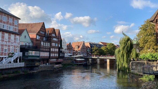 Un puente y edificios históricos a lo largo del río Ilmenau