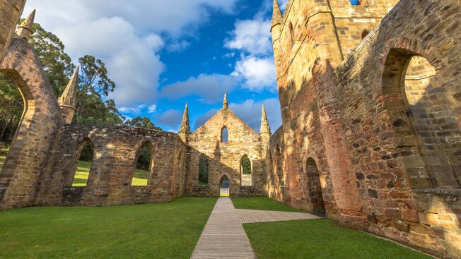 The interior of the ruins of a stone church building at the Port Arthur penal colony