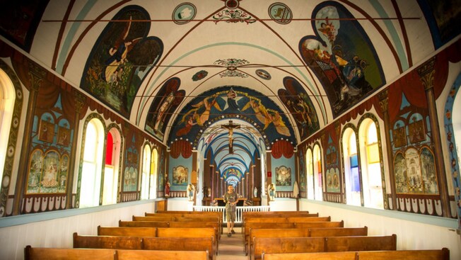 The interior frescoes of the Star of the Sea church in Kaimu, Hawaii