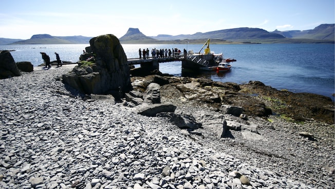 People disembarking on a boat dock near a rocky shore and mountains People disembarking on a boat dock near a rocky shore and mountains