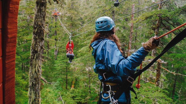 A Guest riding a zip line through the treetops from one platform to another, with a staff member ready to receive them