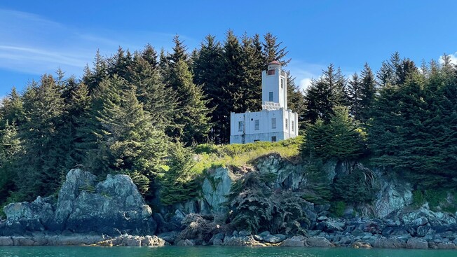 A lighthouse overlooking the water in Juneau, Alaska