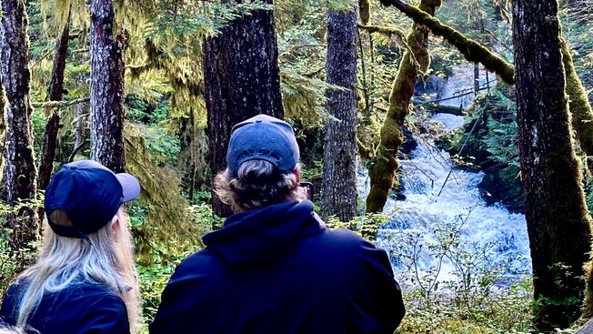 Two people admiring a waterfall in an Alaskan forest