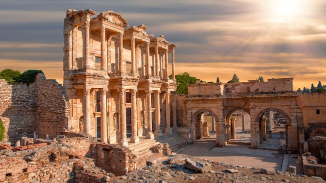 The magnificent ruins of the Library of Celsus in Ephesus, in Turkey