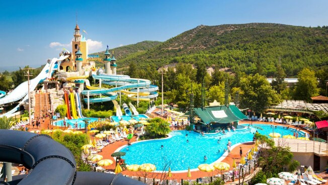 A water park with water slides and swimming pools
