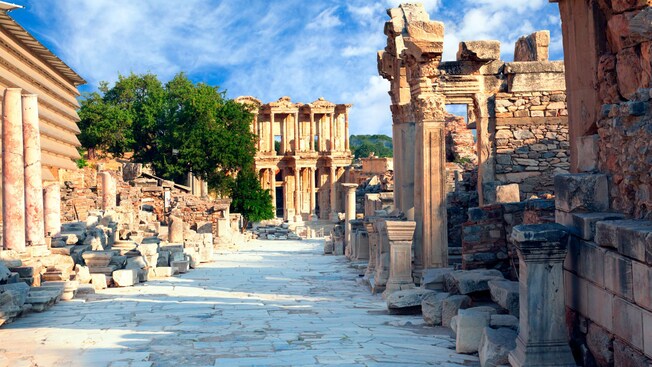 A stone road lined with ancient ruins