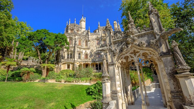 Gothic façade of Quinta da Regaleira palace in Lisbon, Portugal