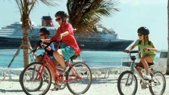 Guests riding bikes along Disney Lookout Cay at Lighthouse Point