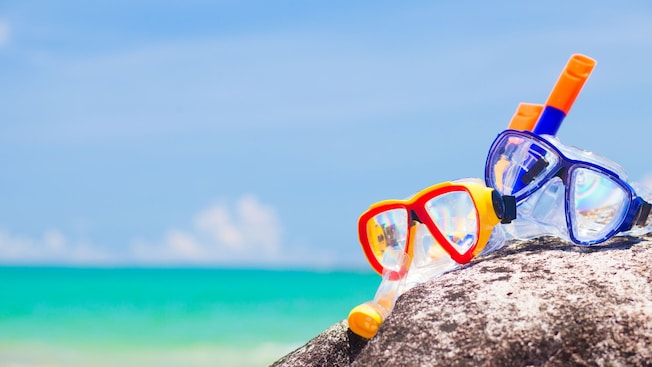 Snorkeling goggles on top of a rock overlooking the Caribbean Sea Snorkeling goggles on top of a rock overlooking the Caribbean Sea