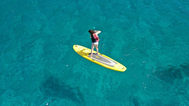 An aerial view of a woman in a life vest on a paddleboard
