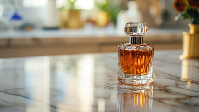 A bottle of perfume on a counter