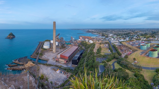 An aerial view of New Plymouth’s coastline with some industrial facilities An aerial view of New Plymouth’s coastline with some industrial facilities