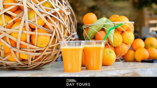2 glasses of orange juice next to groupings of oranges 2 glasses of orange juice next to groupings of oranges