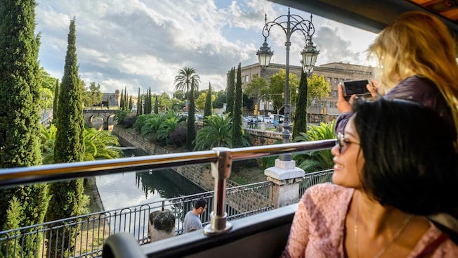 Guests on a double decker tour bus in Palma de Mallorca, Spain Guests on a double decker tour bus in Palma de Mallorca, Spain