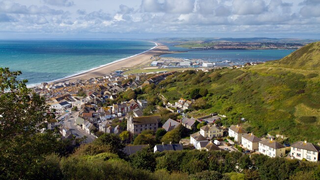 A coastal village surrounded by verdant hills