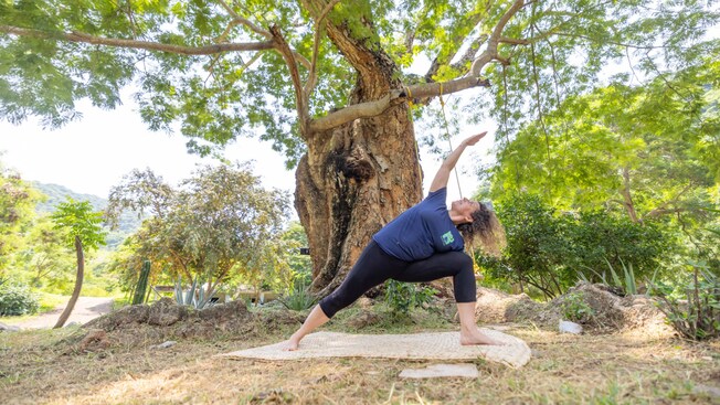 Woman in a warrior pose under a tree