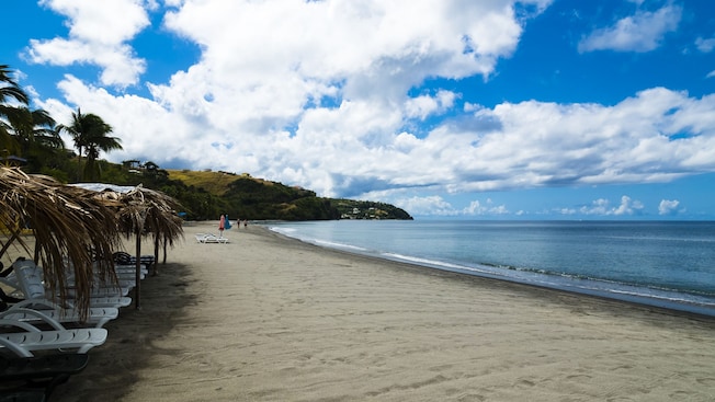 Uma praia com guarda-sóis e cadeiras em Roseau, Dominica Uma praia com guarda-sóis e cadeiras em Roseau, Dominica