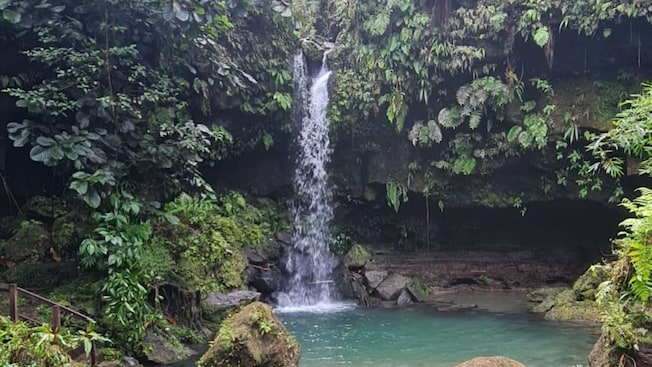 A gentle waterfall feeds a natural bathing pool A gentle waterfall feeds a natural bathing pool