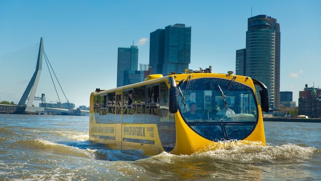 An amphibious vehicle on the Maas River in Rotterdam, Amsterdam An amphibious vehicle on the Maas River in Rotterdam, Amsterdam