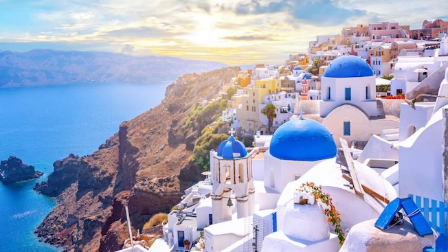 Homes called cave houses overlooking the Mediterranean Sea in Santorini, Greece Homes called cave houses overlooking the Mediterranean Sea in Santorini, Greece