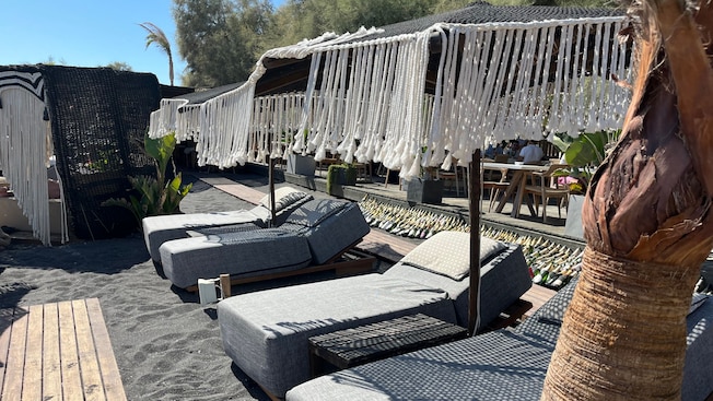 Four beach chairs under umbrellas on a beach Four beach chairs under umbrellas on a beach