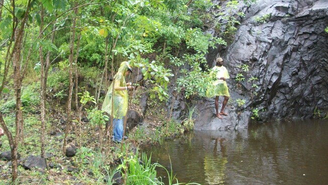 Two people wearing raincoats and standing by a pond in Saint Lucia