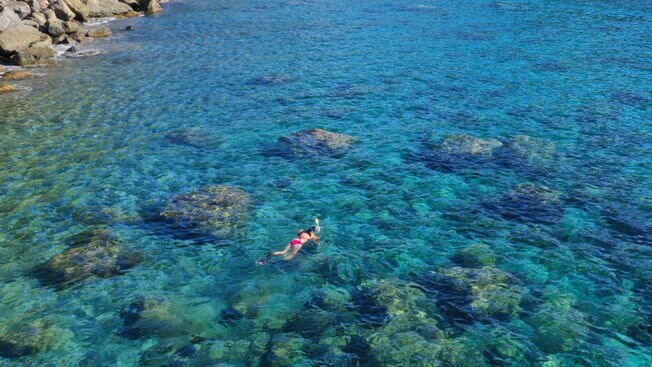 An aerial view of a Guest snorkeling at a beach in Soufriere, Saint Lucia