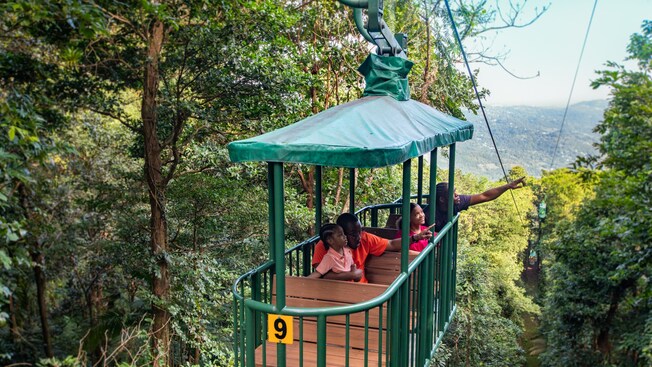 A group of people spotting wildlife in an open air gondola in a rainforest in Saint Lucia