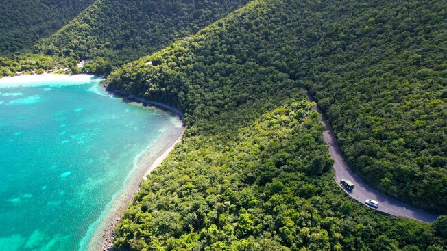 A car and a safari van driving on a winding road near a verdant coastline