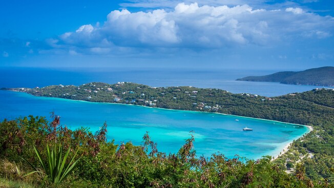 A tranquil bay in a lush tropical setting