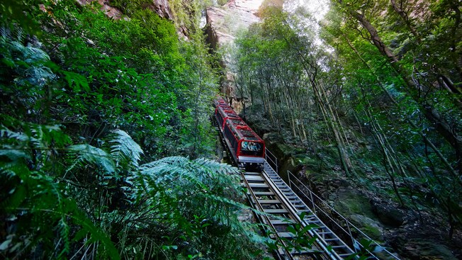 The Scenic Railway, a passenger tram riding through the lush Blue Mountains in Sydney, Australia