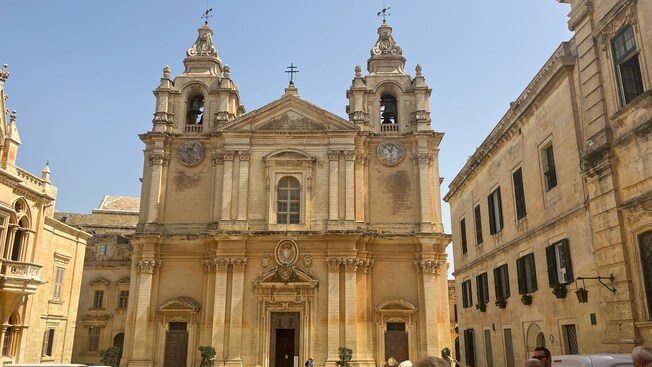 The façade of Saint Paul’s Cathedral in Mdina, Malta